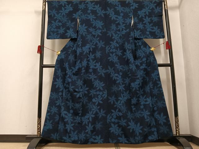平和屋着物●上質な小紋　藍　草花文　正絹　逸品　AABH5380ph 平和屋着物○上質な小紋 藍 草花文 正絹 逸品 AABH5380ph