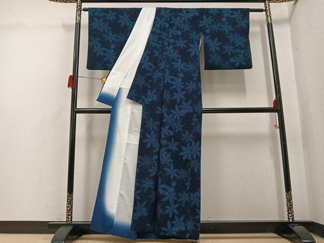 平和屋着物○上質な小紋 藍 草花文 正絹 逸品 AABH5380ph