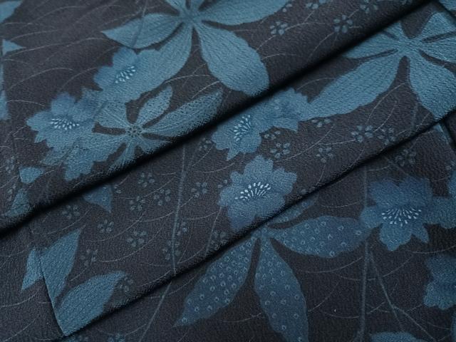 平和屋着物●上質な小紋　藍　草花文　正絹　逸品　AABH5380ph