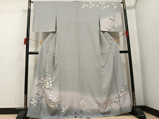 平和屋着物●訪問着　友禅　草花風景籬文　暈し染め　正絹　逸品　AABH5386ph