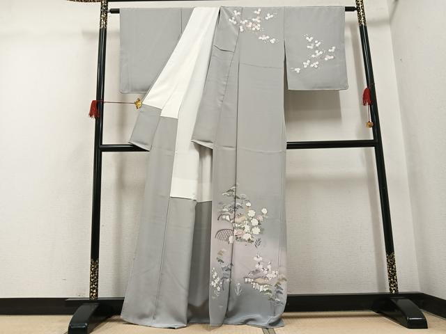 平和屋着物●訪問着　友禅　草花風景籬文　暈し染め　正絹　逸品　AABH5386ph