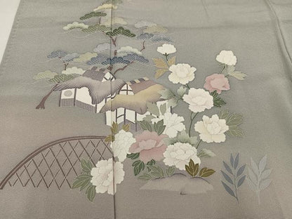平和屋着物●訪問着　友禅　草花風景籬文　暈し染め　正絹　逸品　AABH5386ph