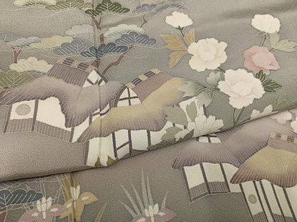 平和屋着物●訪問着　友禅　草花風景籬文　暈し染め　正絹　逸品　AABH5386ph
