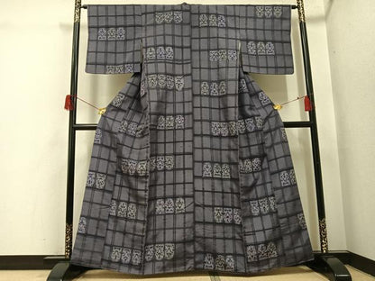 平和屋着物●上質な小紋　紬地　ろうけつ染め　格子　正絹　逸品　AABH5393ph
