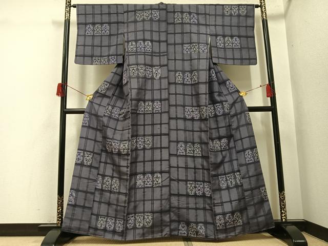 平和屋着物●上質な小紋　紬地　ろうけつ染め　格子　正絹　逸品　AABH5393ph