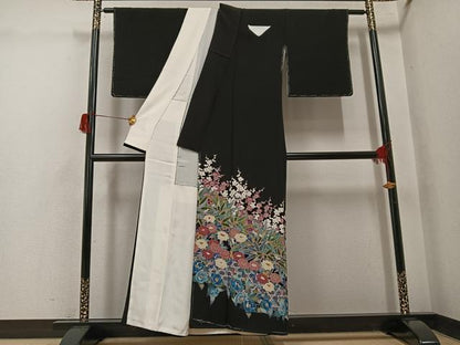 平和屋着物●豪華黒留袖　友禅　作家物　草花文　正絹　逸品　未使用　AABH5396ph
