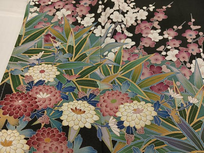 平和屋着物●豪華黒留袖　友禅　作家物　草花文　正絹　逸品　未使用　AABH5396ph