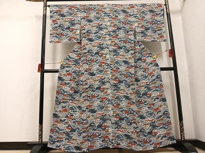 平和屋着物●上質な小紋　紅型　立波船文　正絹　逸品　AABH5400ph