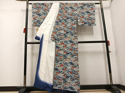 平和屋着物●上質な小紋　紅型　立波船文　正絹　逸品　AABH5400ph
