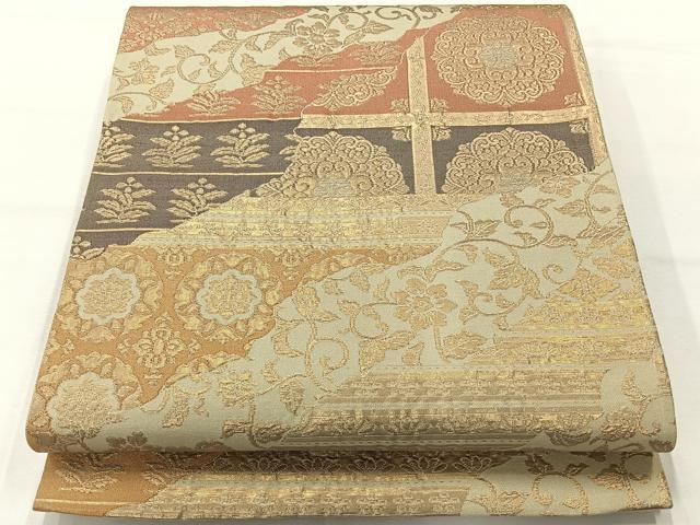 平和屋着物◎六通柄袋帯 道長花文 金糸 正絹 逸品 AABH5417uk