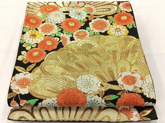平和屋着物◎六通柄袋帯 唐織 草花文 黒地 金糸 三越扱い 正絹 逸品