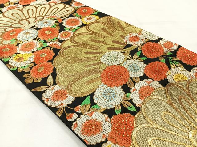 平和屋着物◎六通柄袋帯 唐織 草花文 黒地 金糸 三越扱い 正絹 逸品 AABH5424uk