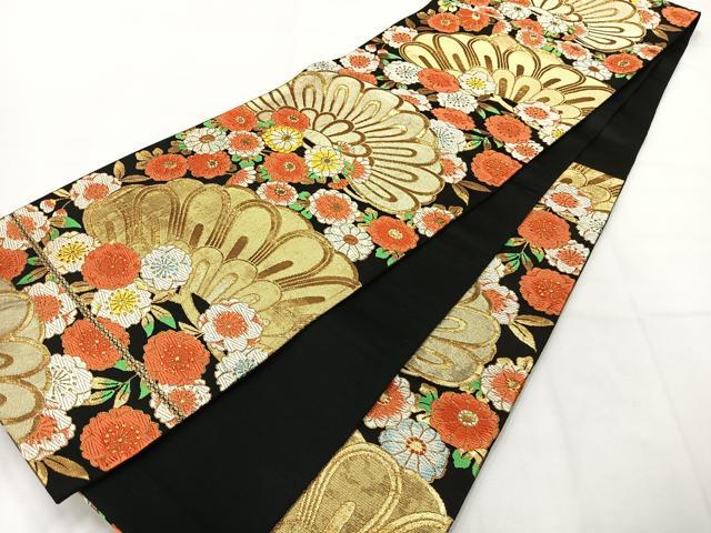 平和屋着物◎六通柄袋帯 唐織 草花文 黒地 金糸 三越扱い 正絹 逸品 AABH5424uk