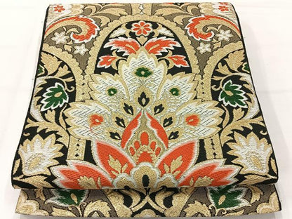平和屋着物◎六通柄袋帯　唐織　更紗花文　黒地　金糸　正絹　逸品　AABH5426uk