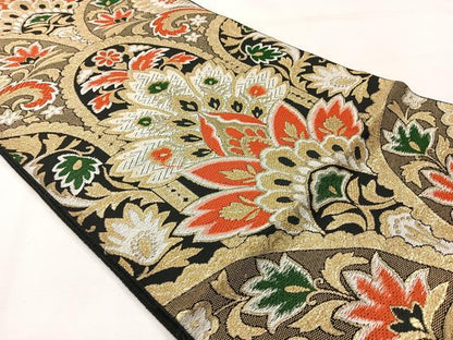 平和屋着物◎六通柄袋帯　唐織　更紗花文　黒地　金糸　正絹　逸品　AABH5426uk
