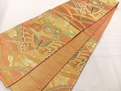 平和屋着物◎九百佐賀錦 六通柄袋帯 花蝶文 金糸 正絹 逸品 AABH5459uk