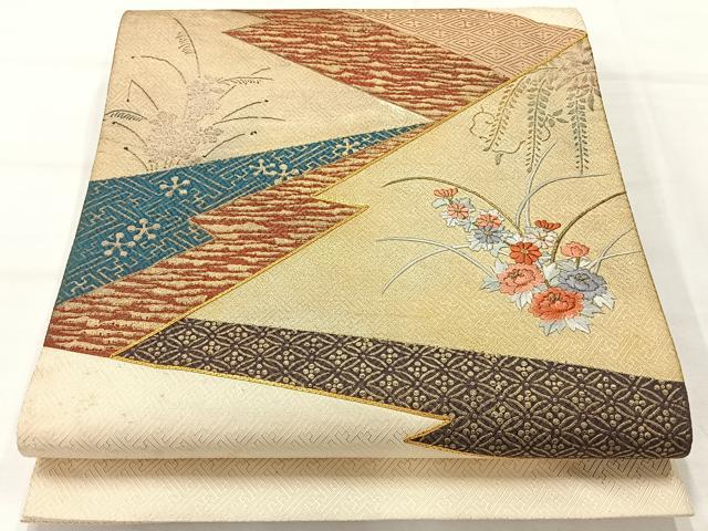 平和屋着物◎太鼓柄袋帯 刺繍 松皮菱花文 金糸 金彩 正絹 逸品 AABH5473uk