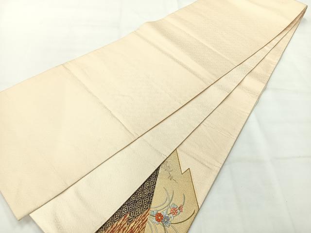 平和屋着物◎太鼓柄袋帯 刺繍 松皮菱花文 金糸 金彩 正絹 逸品 AABH5473uk