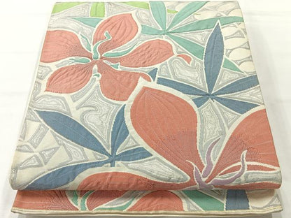 平和屋着物◎六通柄袋帯 ふくれ織 草花文 銀糸 正絹 逸品 AABH5477uk