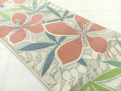 平和屋着物◎六通柄袋帯 ふくれ織 草花文 銀糸 正絹 逸品 AABH5477uk