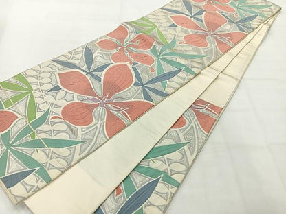 平和屋着物◎六通柄袋帯 ふくれ織 草花文 銀糸 正絹 逸品 AABH5477uk
