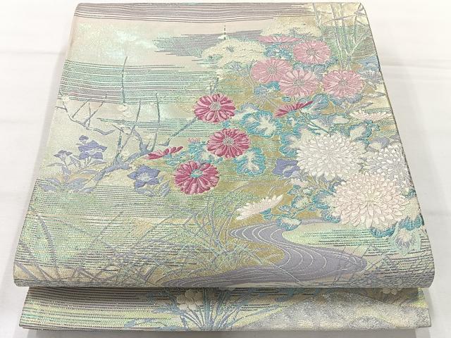 平和屋着物◎六通柄袋帯　唐織　草花文　銀糸　正絹　逸品　AABH5489uk