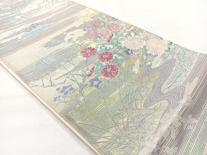 平和屋着物◎六通柄袋帯　唐織　草花文　銀糸　正絹　逸品　AABH5489uk