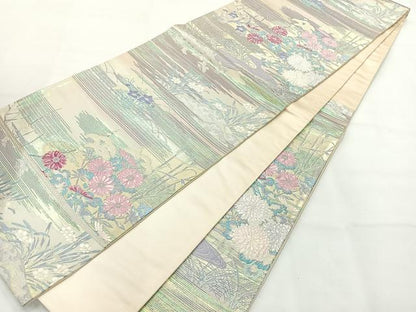 平和屋着物◎六通柄袋帯　唐織　草花文　銀糸　正絹　逸品　AABH5489uk