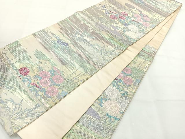 平和屋着物◎六通柄袋帯　唐織　草花文　銀糸　正絹　逸品　AABH5489uk