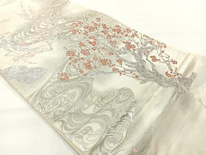 平和屋着物◎六通柄袋帯　唐織　枝梅文　銀糸　正絹　逸品　AABH5490uk