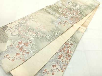 平和屋着物◎六通柄袋帯　唐織　枝梅文　銀糸　正絹　逸品　AABH5490uk