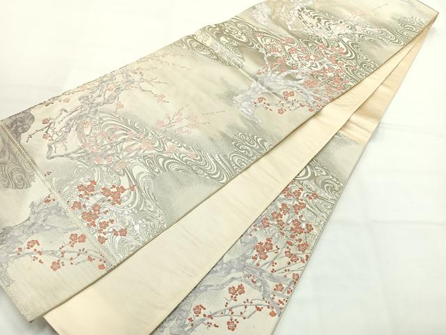 平和屋着物◎六通柄袋帯　唐織　枝梅文　銀糸　正絹　逸品　AABH5490uk