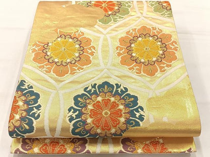 平和屋着物◎六通柄袋帯　唐織　七宝花文　金糸　正絹　逸品　AABH5493uk