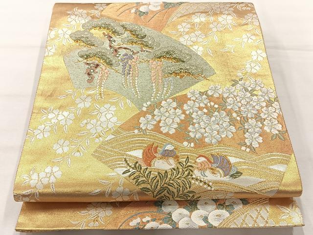 平和屋着物◎六通柄袋帯　唐織　鴛鴦花文　銀糸　正絹　逸品　AABH5516uk