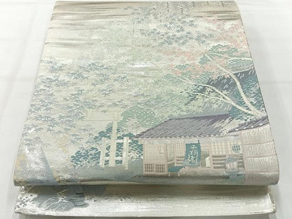 平和屋着物◎六通柄袋帯　風景文　銀糸　正絹　逸品　未使用　AABH5528uk