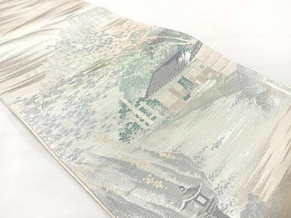 平和屋着物◎六通柄袋帯　風景文　銀糸　正絹　逸品　未使用　AABH5528uk