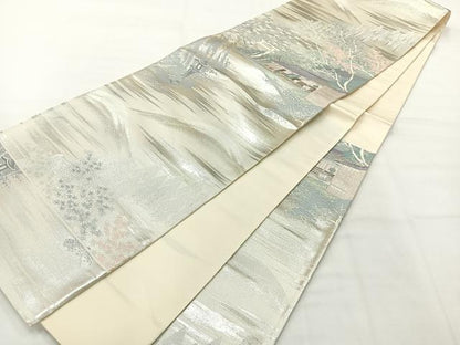 平和屋着物◎六通柄袋帯　風景文　銀糸　正絹　逸品　未使用　AABH5528uk