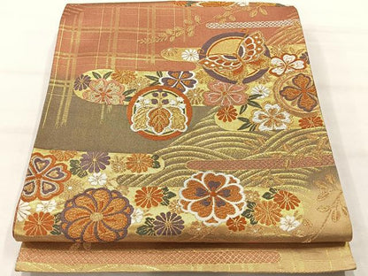 平和屋着物◎六通柄袋帯　唐織　花蝶丸文　金糸　正絹　逸品　AABH5545uk