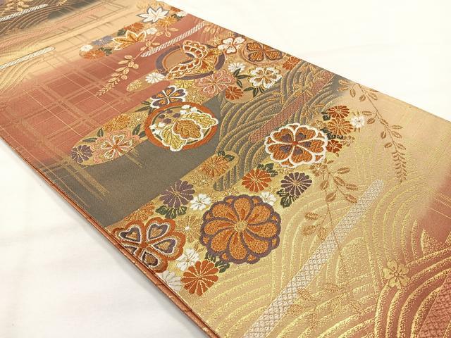 平和屋着物◎六通柄袋帯　唐織　花蝶丸文　金糸　正絹　逸品　AABH5545uk