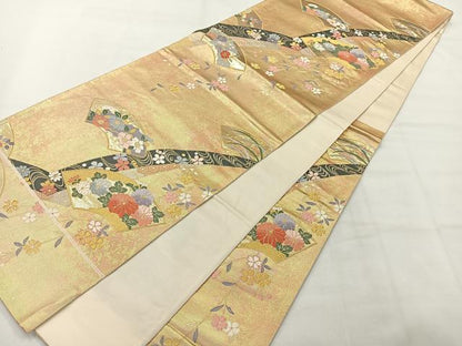 平和屋着物◎六通柄袋帯　唐織　地紙花文　金糸　正絹　逸品　AABH5546uk