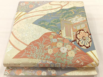 平和屋着物◎六通柄袋帯 唐織 御所扇面文 金糸 正絹 逸品 AABH5552uk