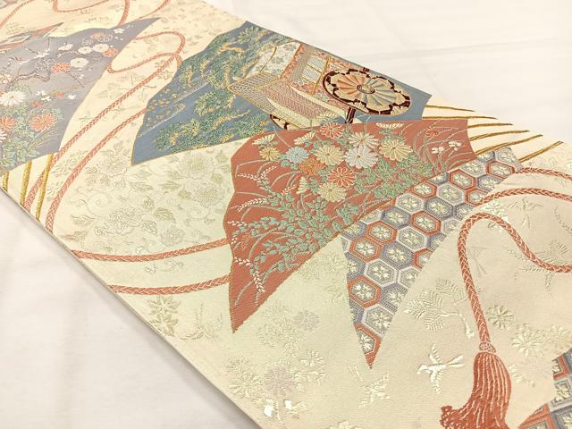 平和屋着物◎六通柄袋帯 唐織 御所扇面文 金糸 正絹 逸品 AABH5552uk