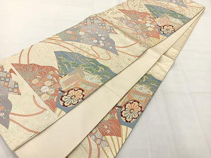 平和屋着物◎六通柄袋帯 唐織 御所扇面文 金糸 正絹 逸品 AABH5552uk