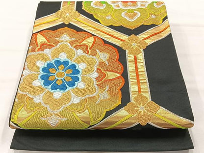 平和屋着物◎六通柄袋帯 唐織 亀甲花文 黒地 金銀糸 正絹 逸品 AABH5556uk