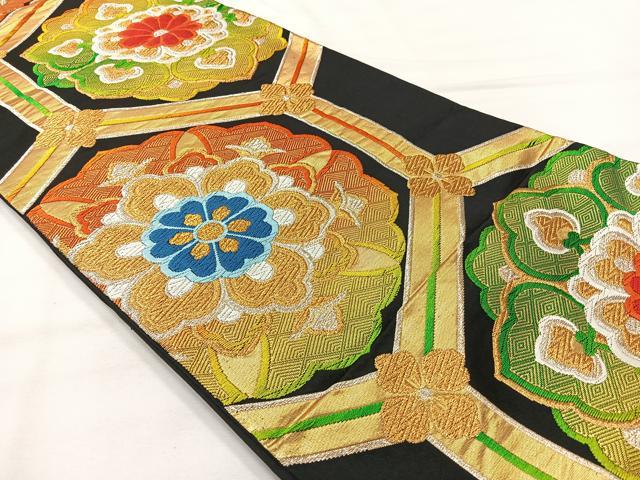 平和屋着物◎六通柄袋帯 唐織 亀甲花文 黒地 金銀糸 正絹 逸品 AABH5556uk