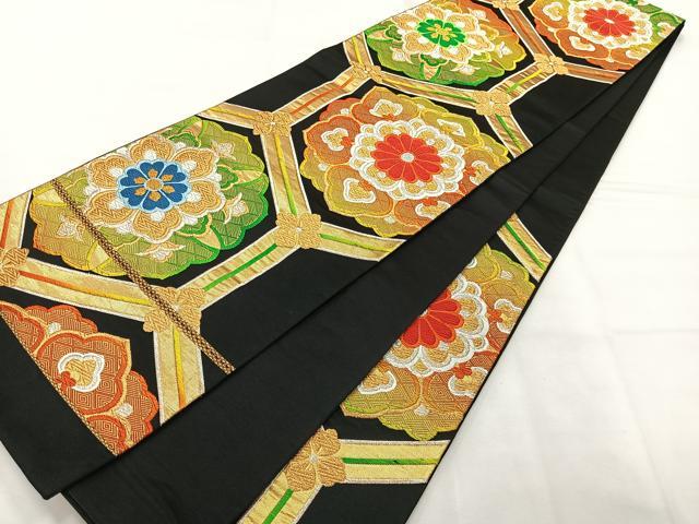 平和屋着物◎六通柄袋帯 唐織 亀甲花文 黒地 金銀糸 正絹 逸品 AABH5556uk