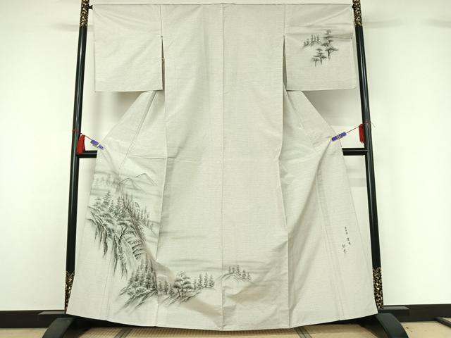 平和屋着物▽訪問着　本場縞大島紬　白大島　単衣　作家物　手描き　風景文　暈し染め　正絹　逸品　AABH5562jh