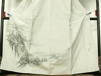 平和屋着物▽訪問着　本場縞大島紬　白大島　単衣　作家物　手描き　風景文　暈し染め　正絹　逸品　AABH5562jh