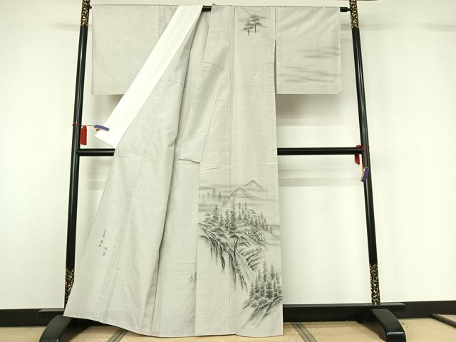 平和屋着物▽訪問着　本場縞大島紬　白大島　単衣　作家物　手描き　風景文　暈し染め　正絹　逸品　AABH5562jh