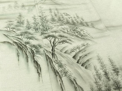 平和屋着物▽訪問着　本場縞大島紬　白大島　単衣　作家物　手描き　風景文　暈し染め　正絹　逸品　AABH5562jh